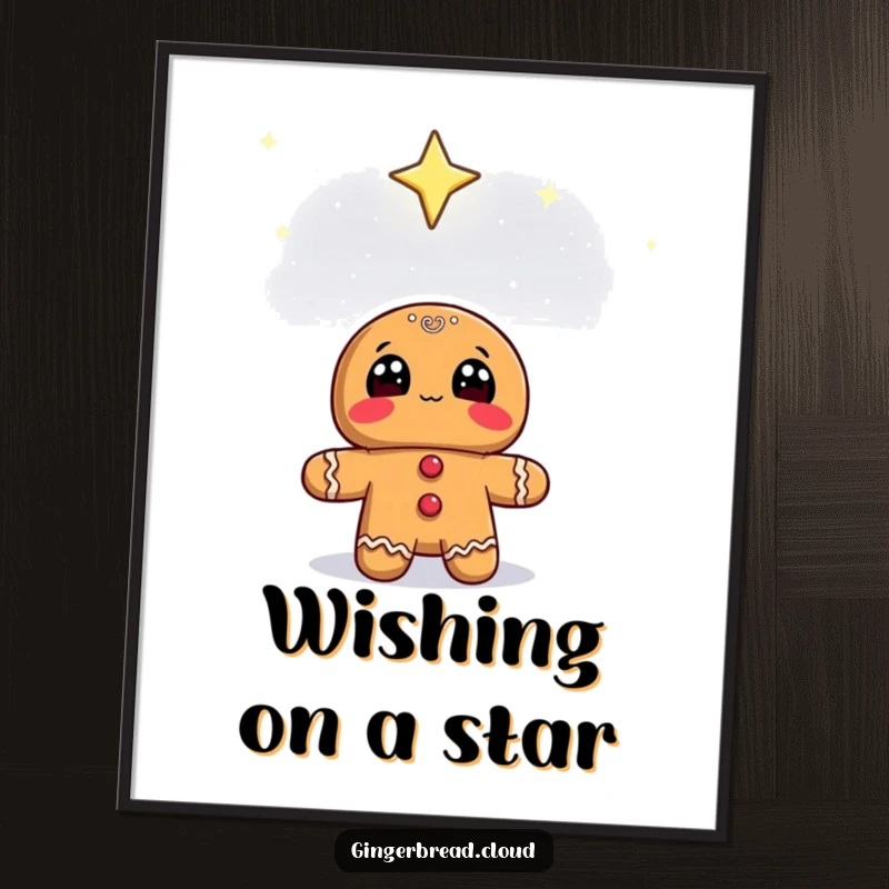 Funny Free Printable Wall Art: Gingerbread character looking up with wide eyes at a starry sky, magical and inspiring downloadable art.