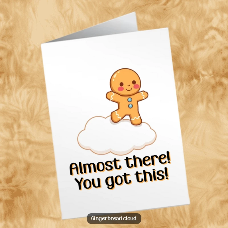 Funny Free Printable Birthday Card: Lopsided gingerbread man comically trying to hop onto a fluffy cloud.