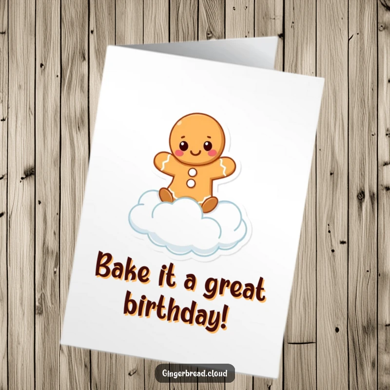 Funny Free Printable Birthday Card: a gingerbread character joyfully balancing on a fluffy cloud, embodying lighthearted celebration.