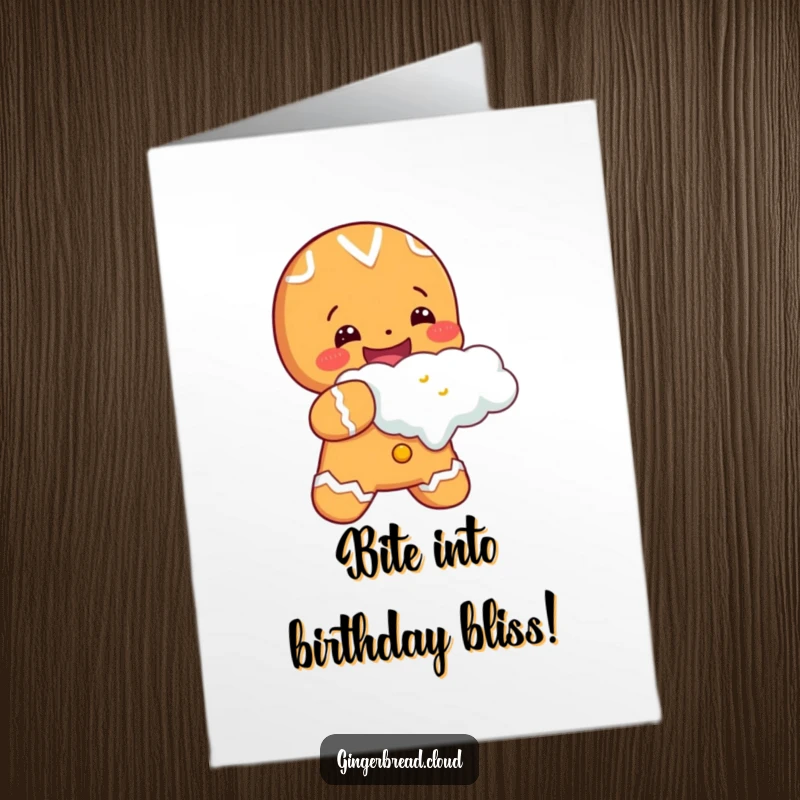 Joyful Free Printable Birthday Card: Cheerful gingerbread character taking a huge, happy bite out of a fluffy white cloud, celebrating with pure delight.