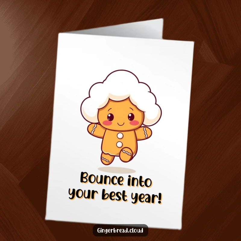 Funny Free Printable Birthday Card: A bouncy gingerbread cloud character joyfully leaping with festive energy.