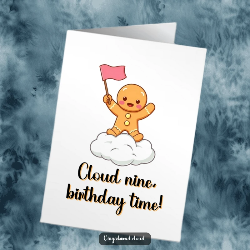 Funny Free Printable Birthday Card featuring a grinning gingerbread man waving a flag joyfully from a fluffy cloud.