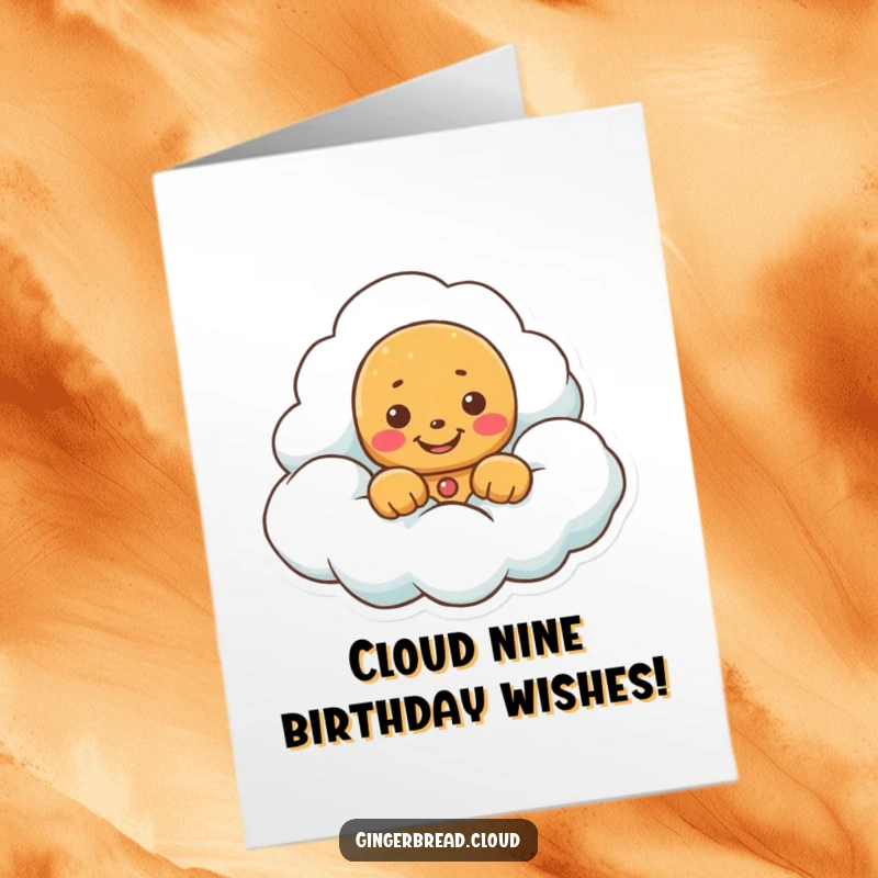 Funny Free Printable Birthday Card: Gingerbread character peeking from a fluffy cloud with a cheeky grin.