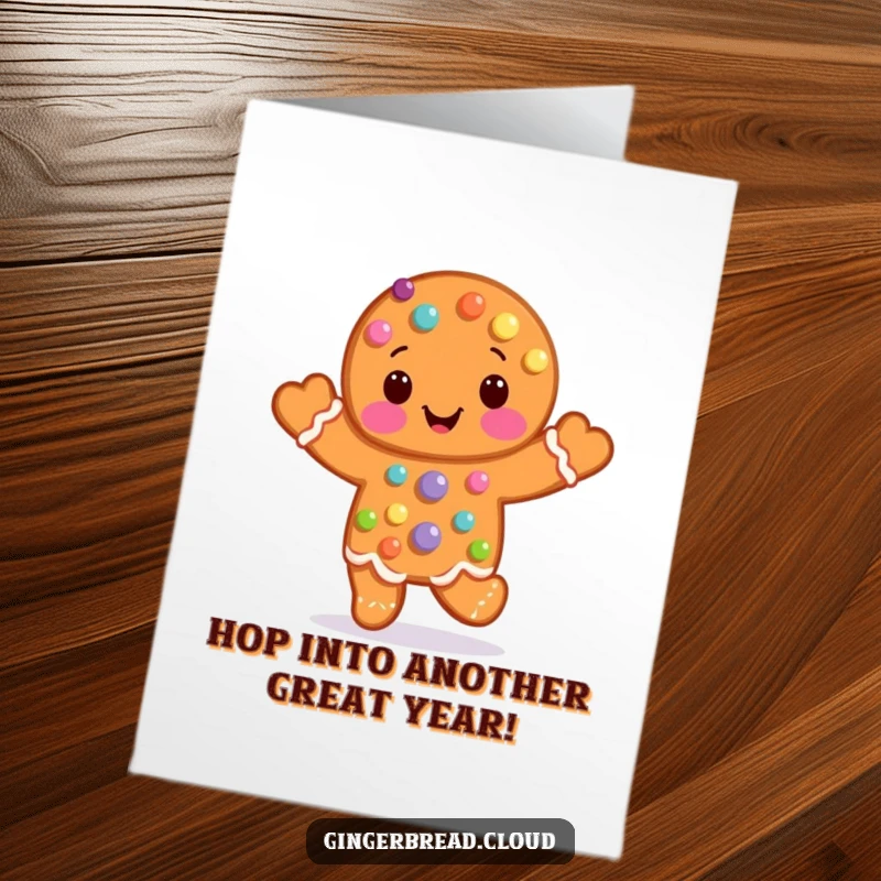 Funny Free Printable birthday card showing a gingerbread man covered in candy dots doing a happy, energetic hop.