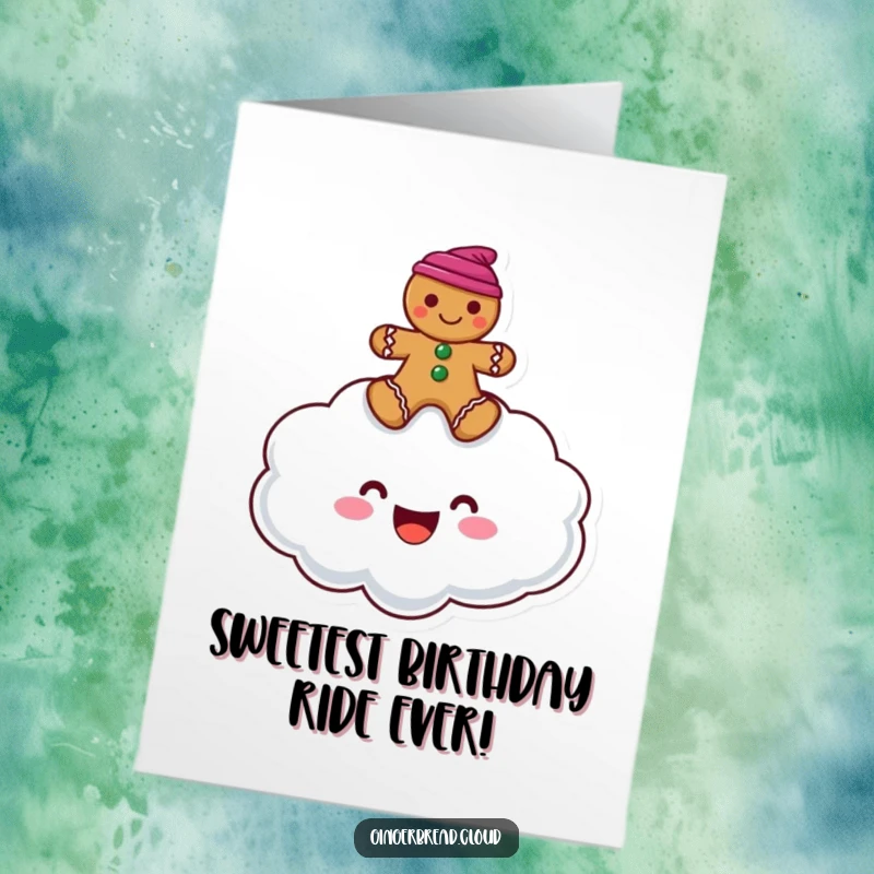 Funny free printable birthday card featuring a cheerful cloud character with a happy gingerbread man sitting atop its fluffy form.