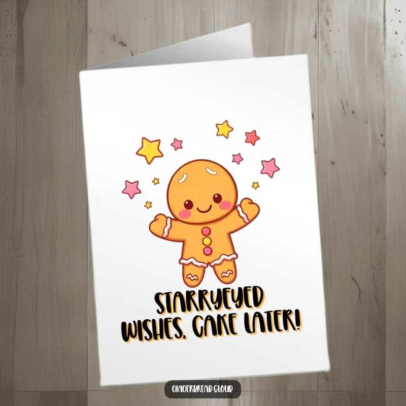 Funny Free Printable Birthday Card featuring a cloud-shaped gingerbread person hilariously juggling glowing candy stars.