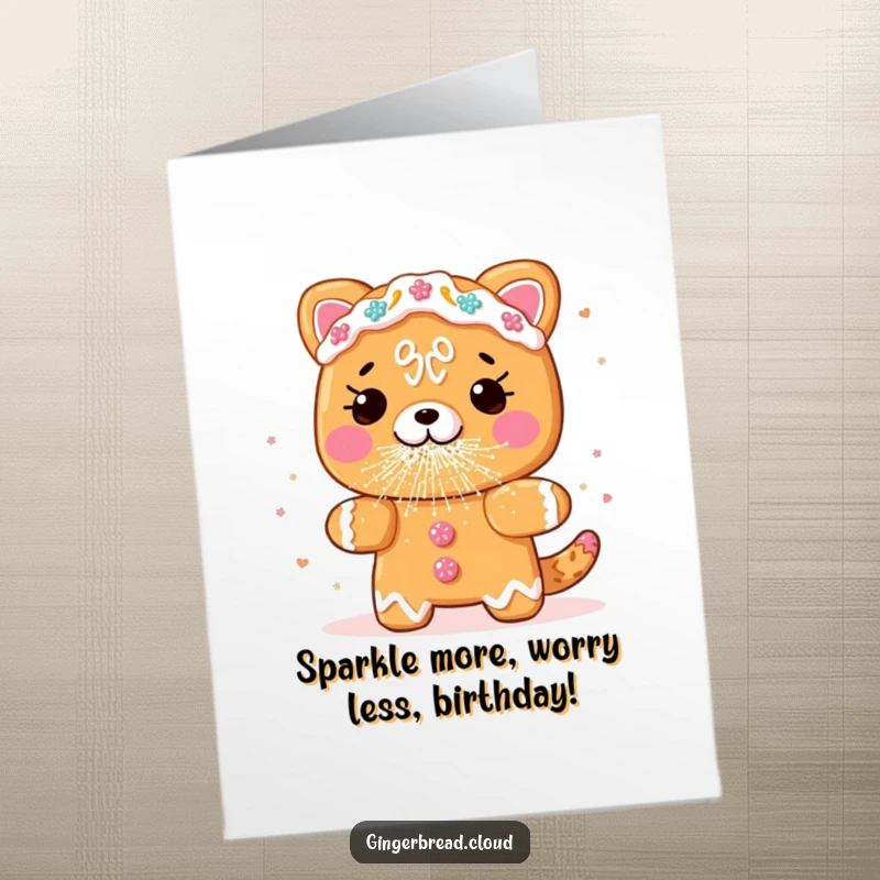 Funny Free Printable Birthday Card: A gingerbread reindeer sneezes edible glitter with a surprised expression.