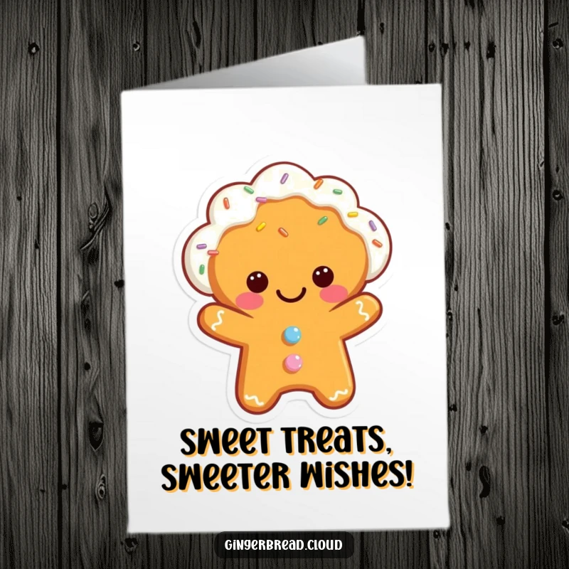 Funny Free Printable Birthday Card: A smiling gingerbread cloud character happily dropping sprinkles, ready for a laugh.