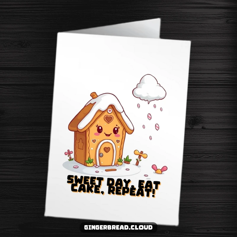 Funny free printable birthday card: A happy gingerbread house with icing smiles as a candy cloud rains delicious treats.