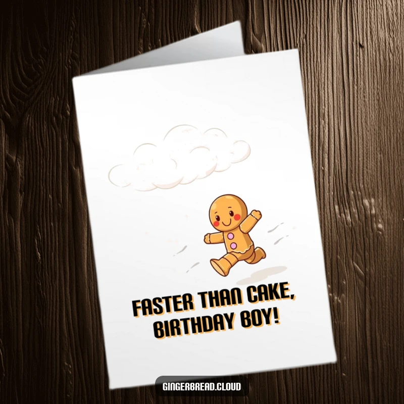 Funny free printable birthday card featuring a gingerbread man sprinting joyfully across a whimsical cloudy sky.