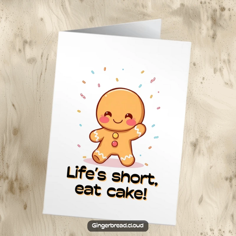 Funny Free Printable Birthday Card: A happy gingerbread person joyfully catches falling colorful sprinkles.