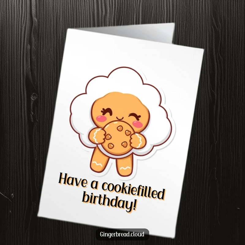 Funny Free Printable Birthday Card: A cheeky gingerbread cloud character winking while offering a delicious cookie.