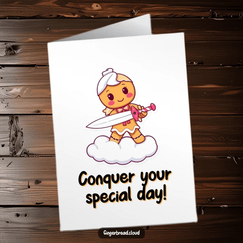 Funny free printable birthday card featuring a fierce gingerbread knight with a candy cane sword, defending clouds with epic comedic bravery.