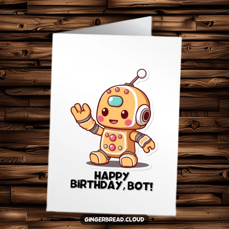Funny Free Printable Birthday Card: A gingerbread robot character cheerily waves its sweet, sugary antenna.