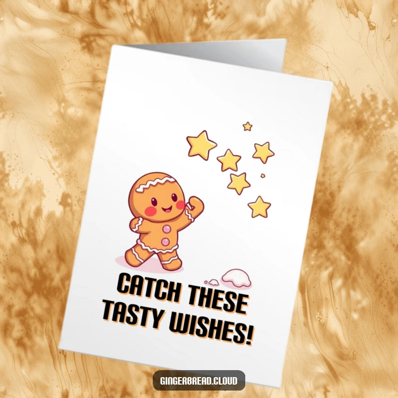 Funny Free Printable Birthday Card: a gingerbread character joyfully catching falling sugar stars.