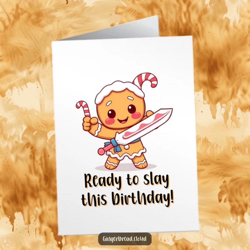 Funny Free Printable Birthday Card: Gingerbread character with candy cane sword striking a playful heroic pose.