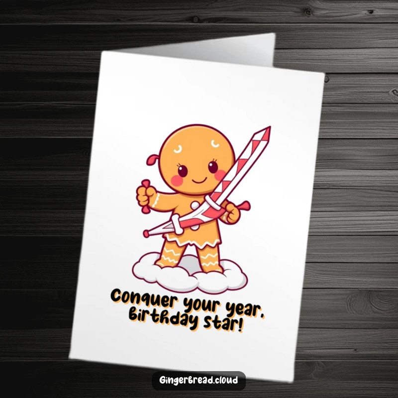Funny free printable birthday card: A determined gingerbread person with a candy cane sword bravely stands guard on a fluffy cloud.