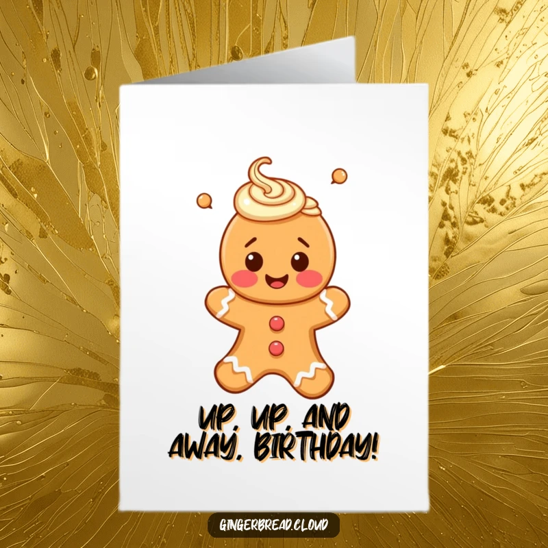 Funny Free Printable Birthday Card: A happy gingerbread person with icing swirls joyfully floating upwards.