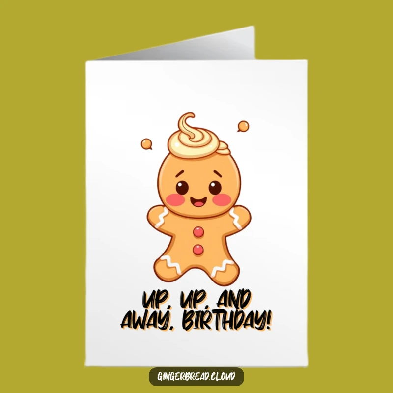 Free Printable Birthday Card: Happy Floating Gingerbread Person - Uplifting Downloadable Gift