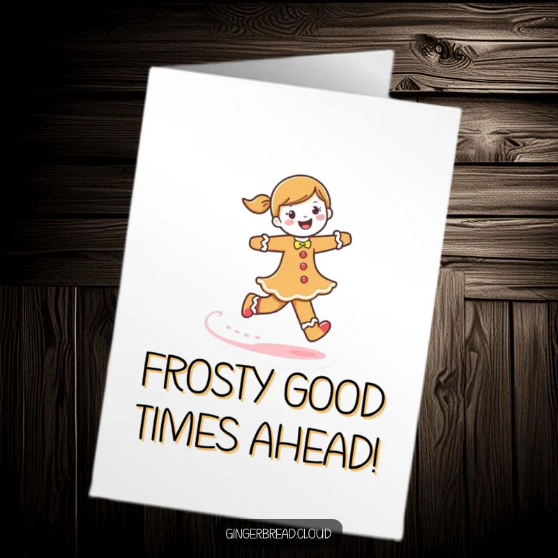 Funny Free Printable Birthday Card featuring a joyful gingerbread woman skipping happily and leaving a frosting trail.