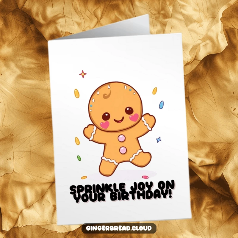 Funny Free Printable Birthday Card: A gingerbread man gleefully catches falling raindrops that look like colorful sprinkles.