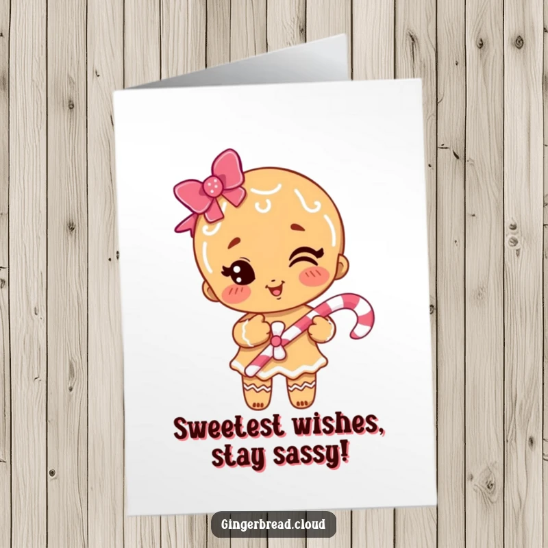 Funny Free Printable Birthday Card featuring a winking gingerbread girl holding a candy cane, ready to spread holiday cheer and laughter.