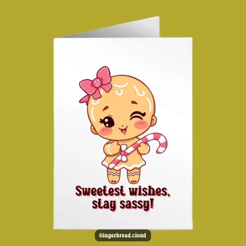 Free Printable Birthday Card: Winking Gingerbread Girl Candy Cane Funny Downloadable Gift