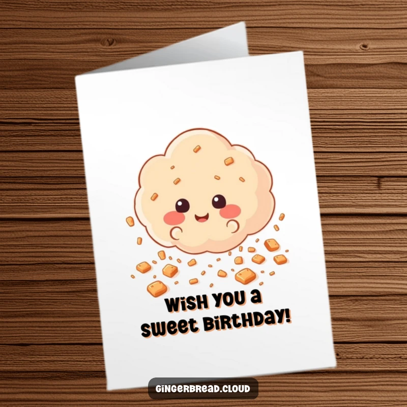 Funny free printable birthday card depicting a cloud scattering happy gingerbread cookie crumbs like joyful rain.