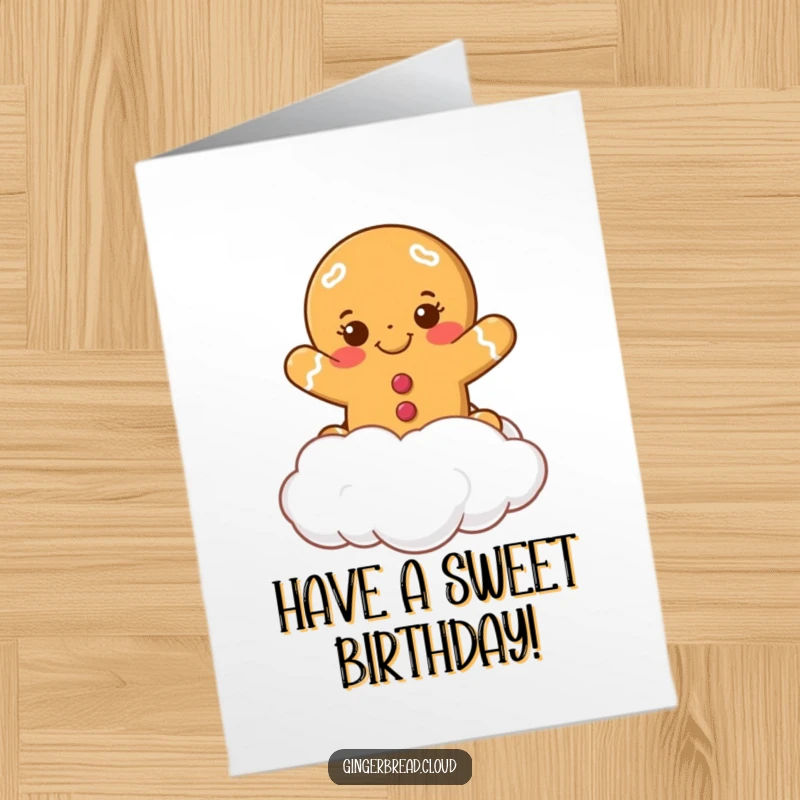 Funny Free Printable Birthday Card: Smiling gingerbread cookie leaping joyfully from a fluffy white cloud, embodying sweet celebration.