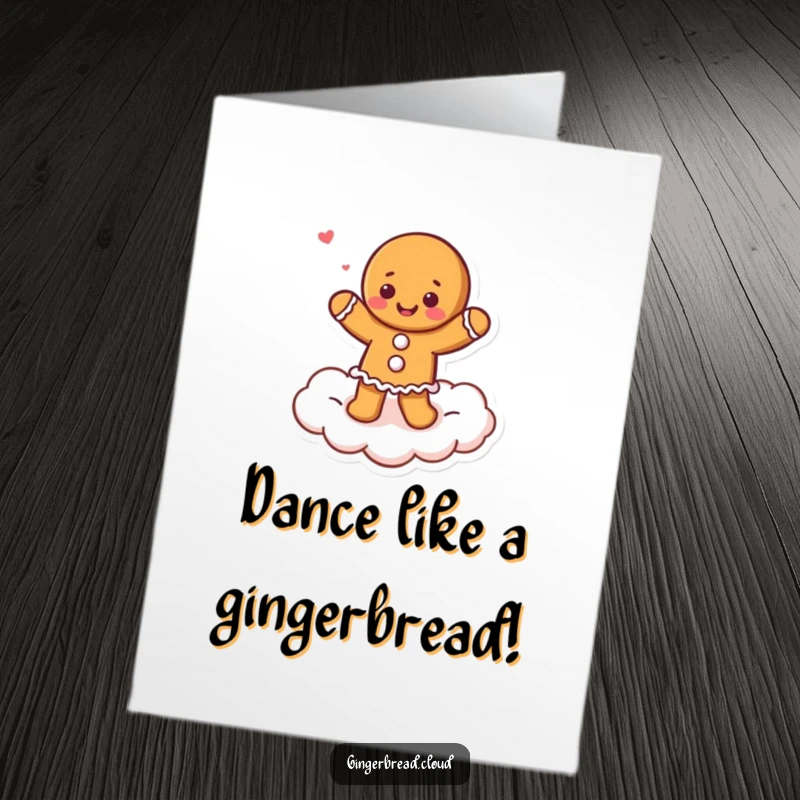 Funny Free Printable Happy Birthday card: A gingerbread character doing a silly dance on a fluffy cloud, radiating pure happiness.