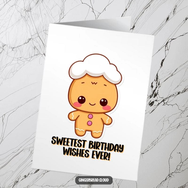 Funny Free Printable Birthday Card: Gingerbread character wearing a tiny fluffy cloud hat, celebrating a birthday in style.