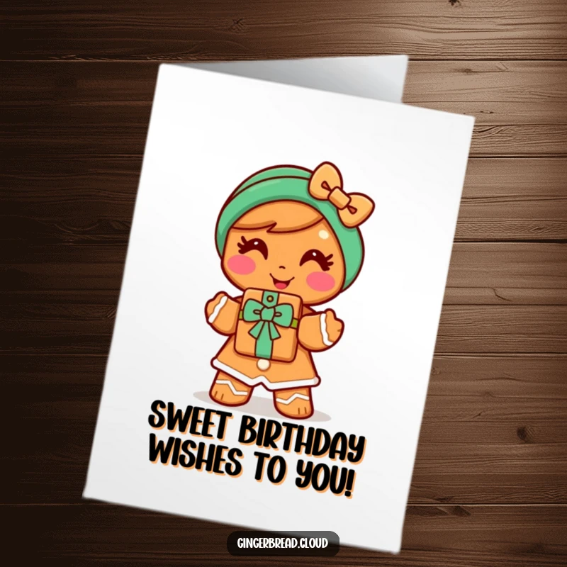 Funny Free Printable Birthday Card: Cheerful gingerbread woman offers a delicious cookie gift with a big smile!