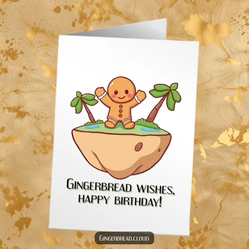 Funny free printable birthday card featuring a gingerbread man waving cheerfully from a delightful floating island.