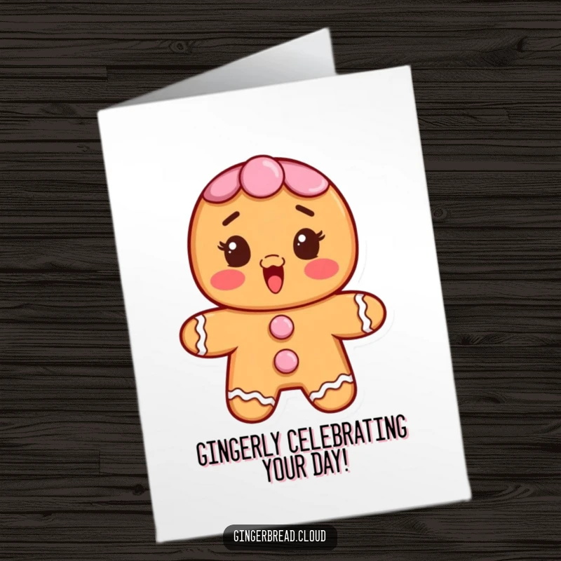 Funny free printable birthday card featuring a gingerbread character with frosting buttons, looking surprised and delighted. A sweet and humorous greeting.