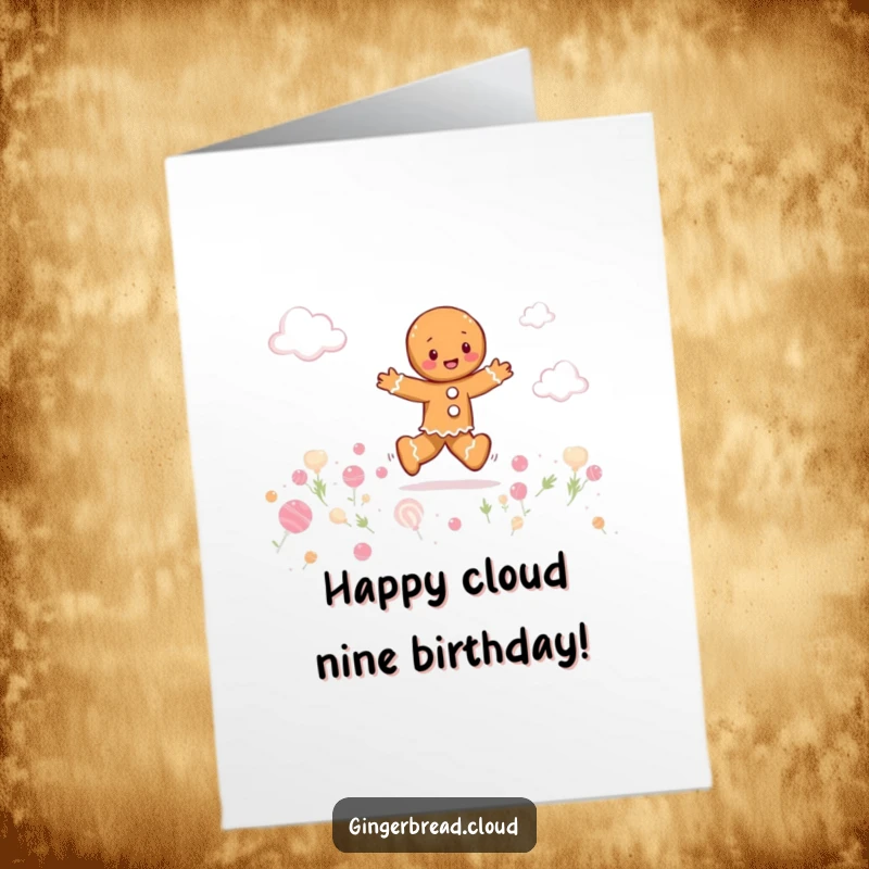 Funny Free Printable Birthday Card: a gingerbread person happily skipping through fluffy candy clouds.