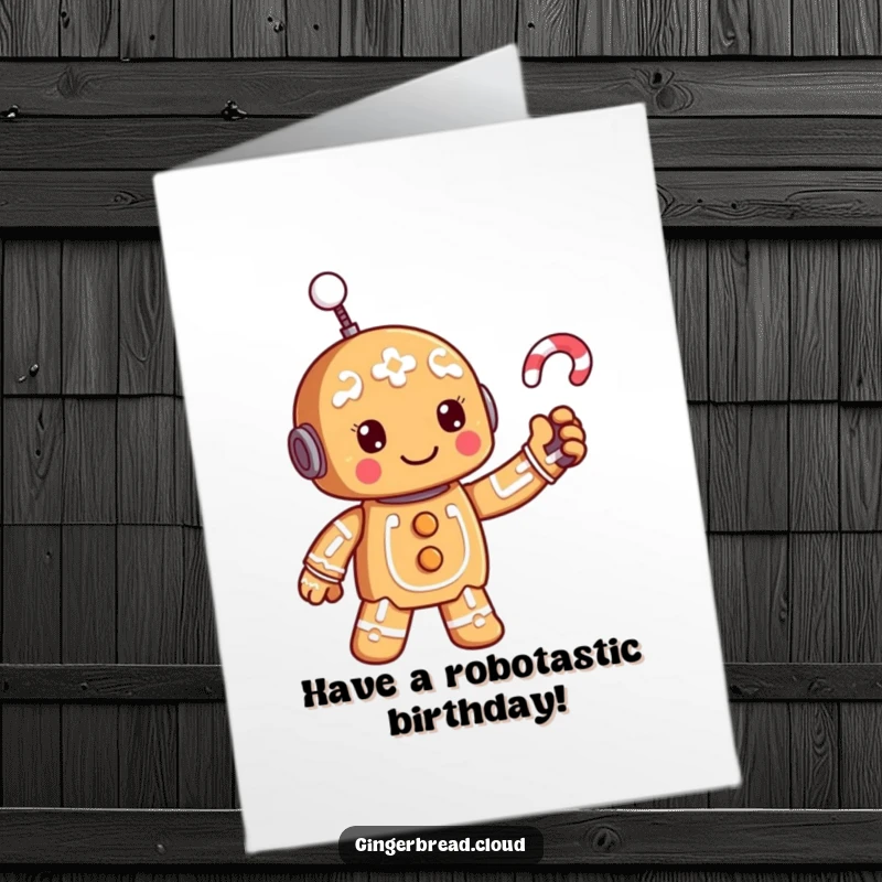 Funny Free Printable Happy Birthday card: A gingerbread robot character happily waving its candy cane antenna, sending festive greetings.