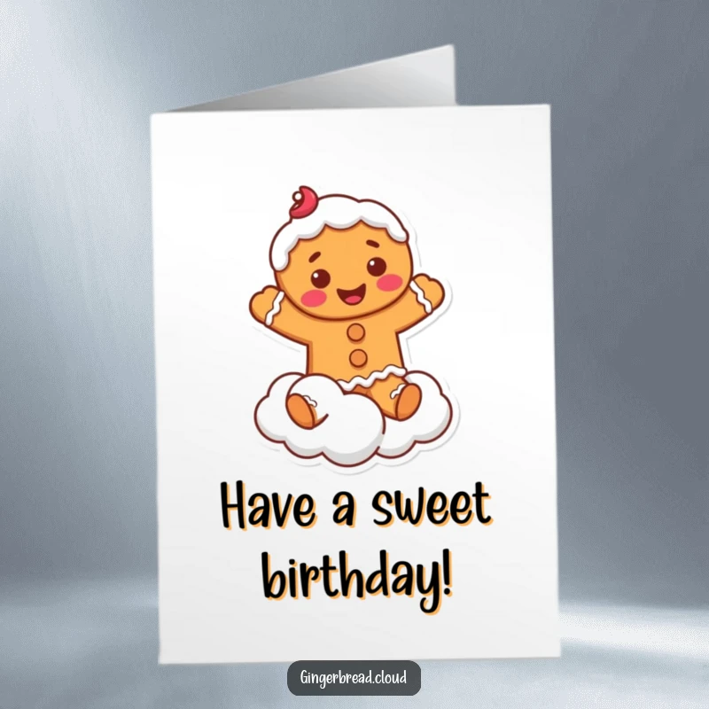 Whimsical Free Printable Birthday Card: A smiling gingerbread man with frosting playfully leaps high on a soft, fluffy cloud.