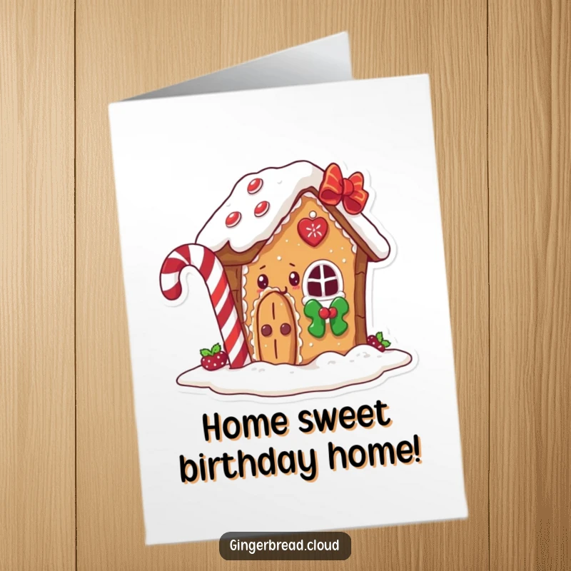 Funny Free Printable Birthday Card showing a gingerbread house character happily peeking from behind a large candy cane.