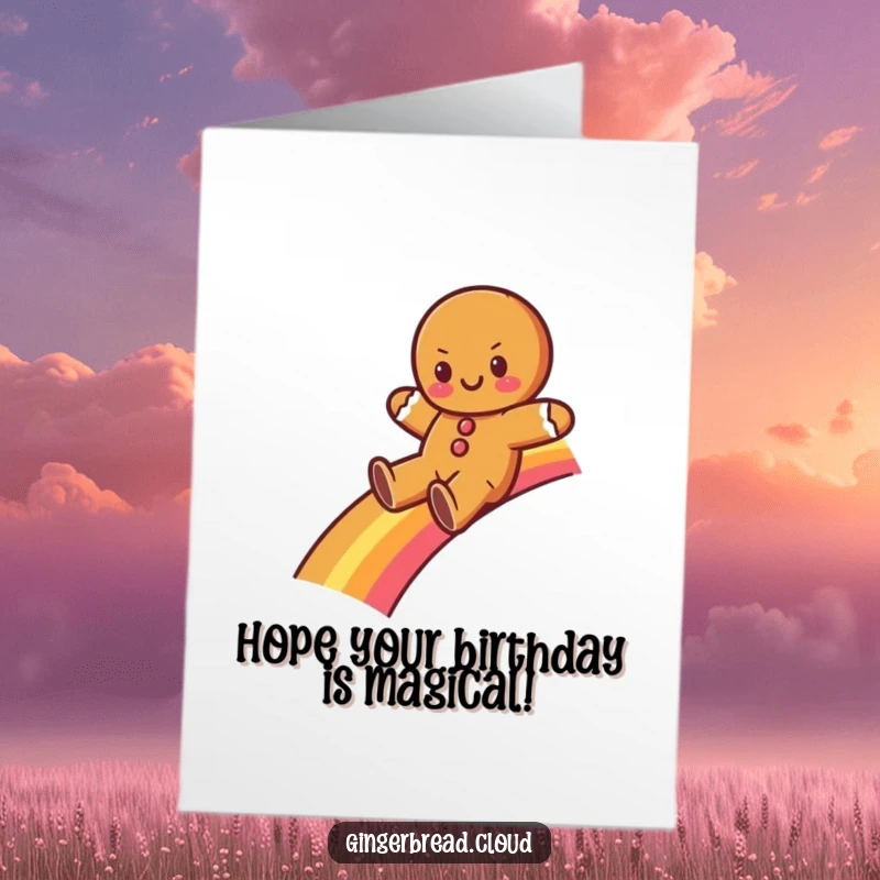 Funny Free Printable Birthday Card: Gingerbread character sliding happily down a vibrant rainbow, full of colorful birthday cheer.