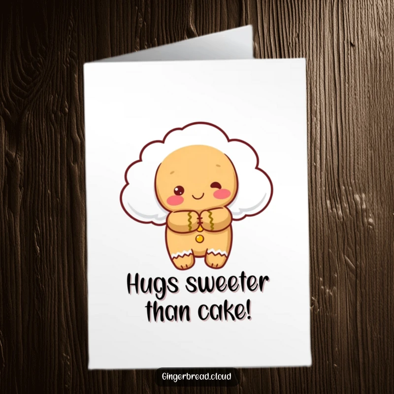 Funny Free Printable Birthday Card showing a cloud-shaped gingerbread character offering a big, comforting hug.