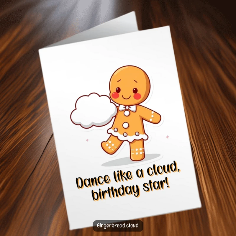 Joyful Free Printable Birthday Card: Happy gingerbread character dancing energetically with a large, fluffy cloud as their partner, celebrating with delight.