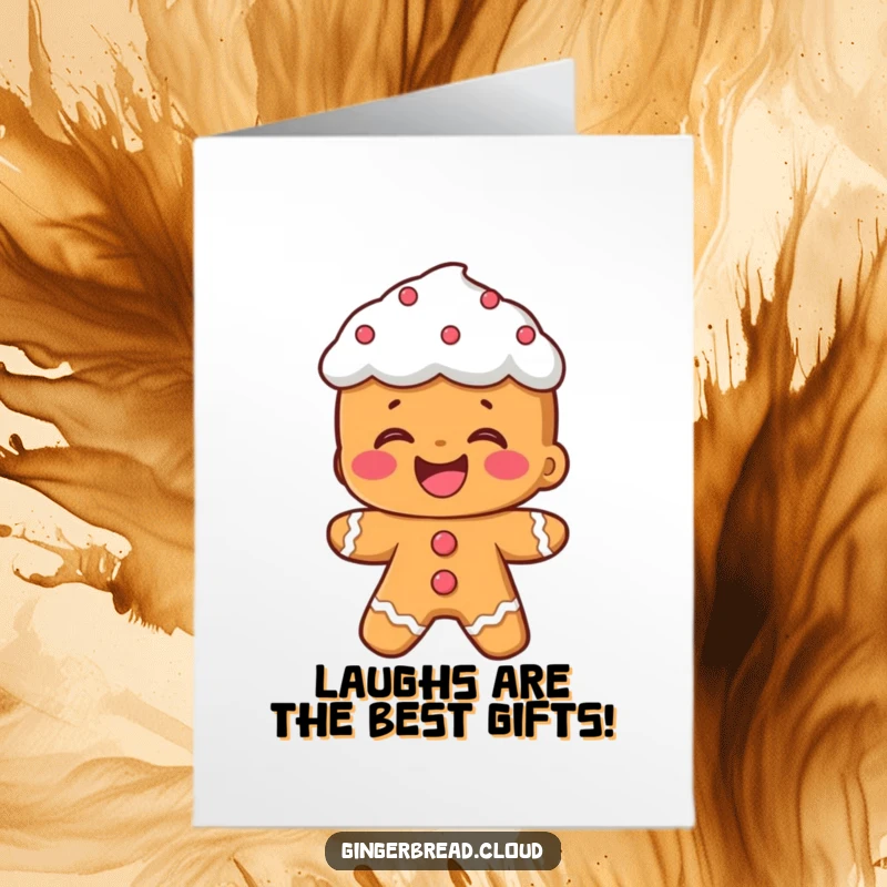 Funny Free Printable Birthday Card featuring a gingerbread person with wild frosting hair bursting into hearty laughter.