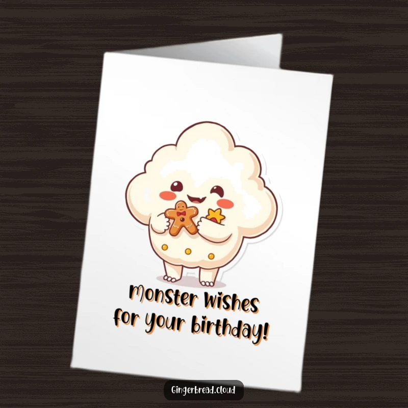 Funny free printable birthday card featuring a friendly monster-shaped cloud handing a gingerbread gift to the recipient.