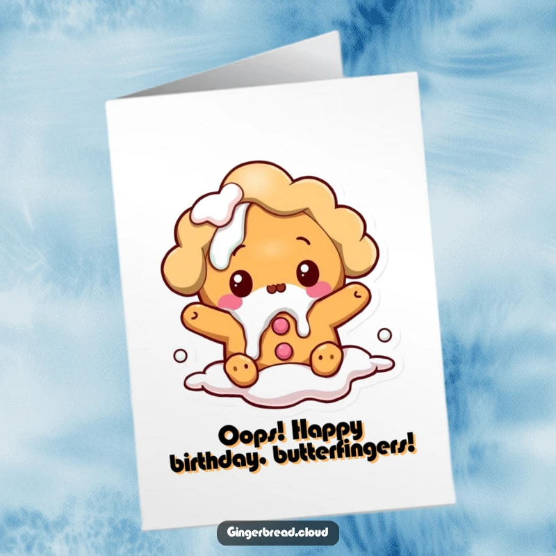 Funny Free Printable Birthday Card of a cloud gingerbread character with wide eyes, spilling white icing.