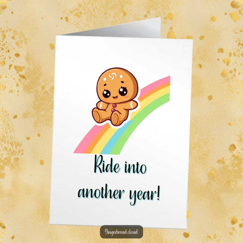 Funny free printable birthday card: a happy gingerbread person with big eyes joyfully sliding down a vibrant rainbow, spreading cheer.