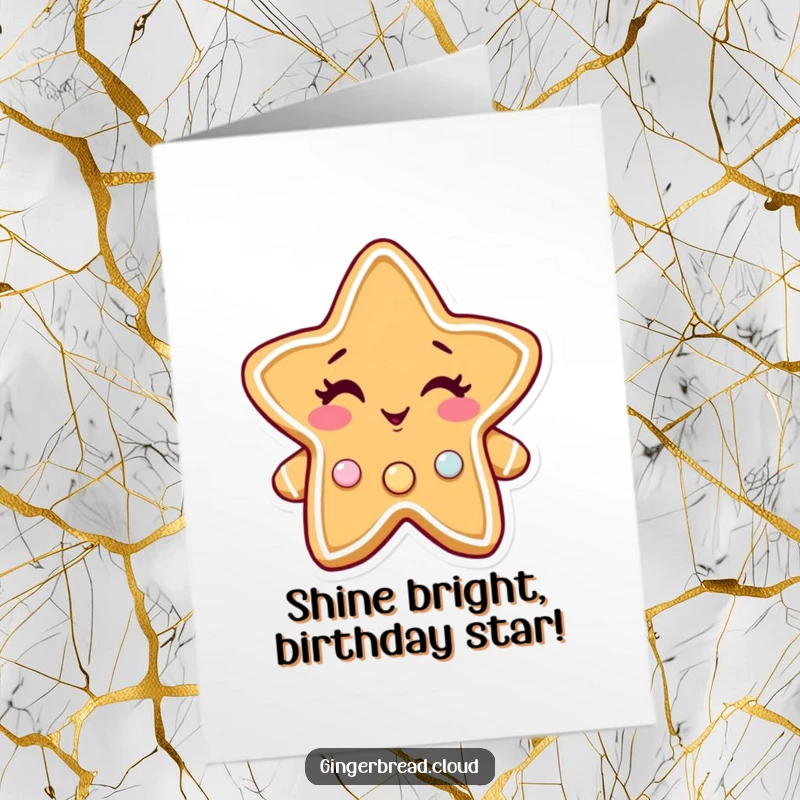 Funny Free Printable Birthday Card featuring a winking gingerbread star character with twinkling candy buttons.