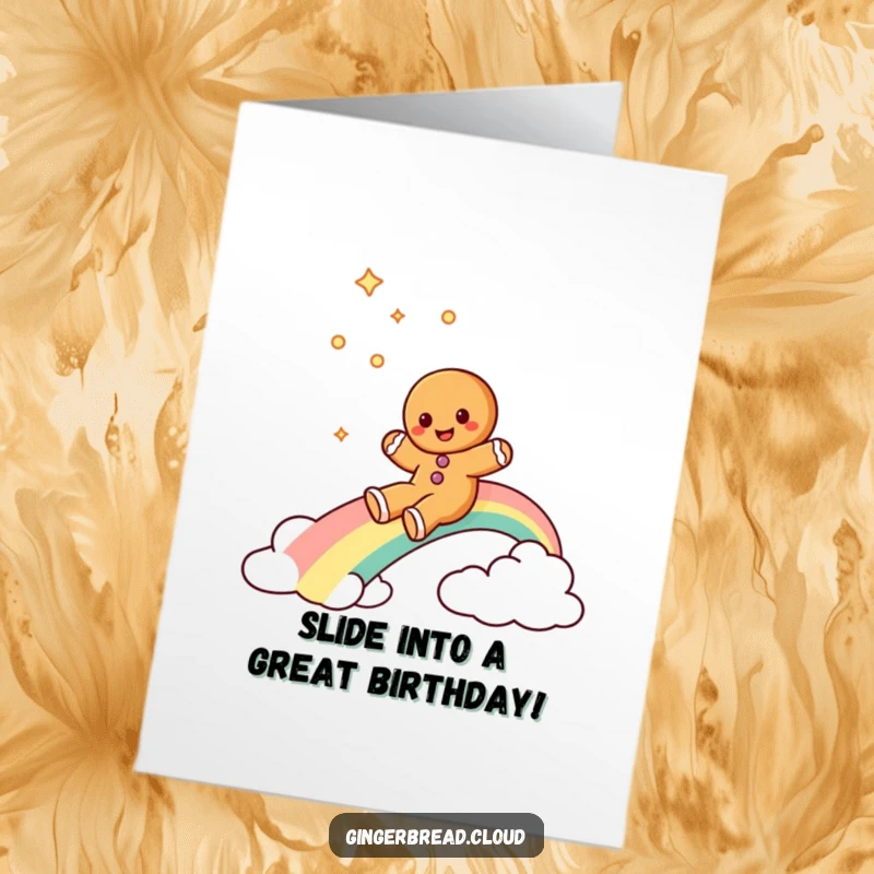 Funny Free Printable Birthday Card showing a gingerbread cookie character joyfully sliding down a vibrant rainbow, celebrating with glee.