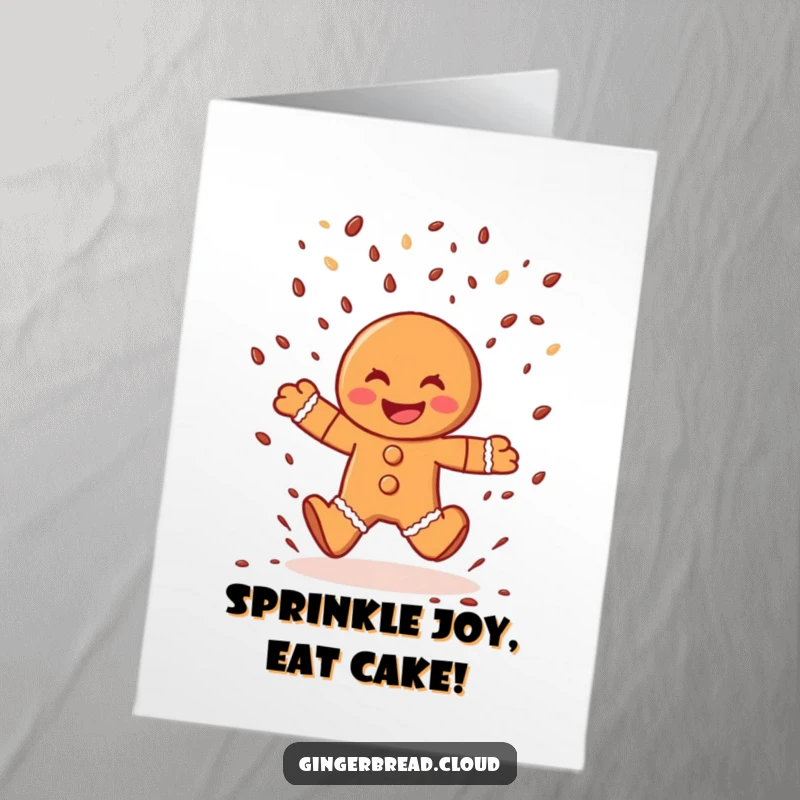 Funny Free Printable Birthday Card showing a joyous gingerbread man leaping through a shower of chocolate sprinkles.
