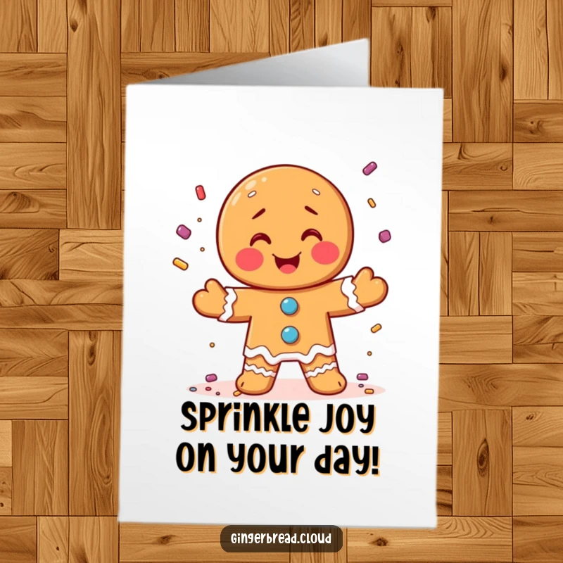 Funny Free Printable Birthday Card: Gingerbread man joyfully juggling colorful candy sprinkles in the air.