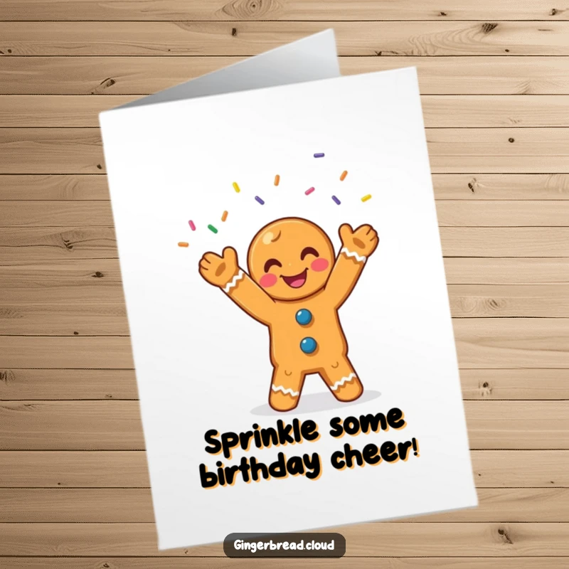 Funny Free Printable Birthday Card: A smiling gingerbread man joyfully juggling three bright, colorful sprinkles, wishing a happy birthday.